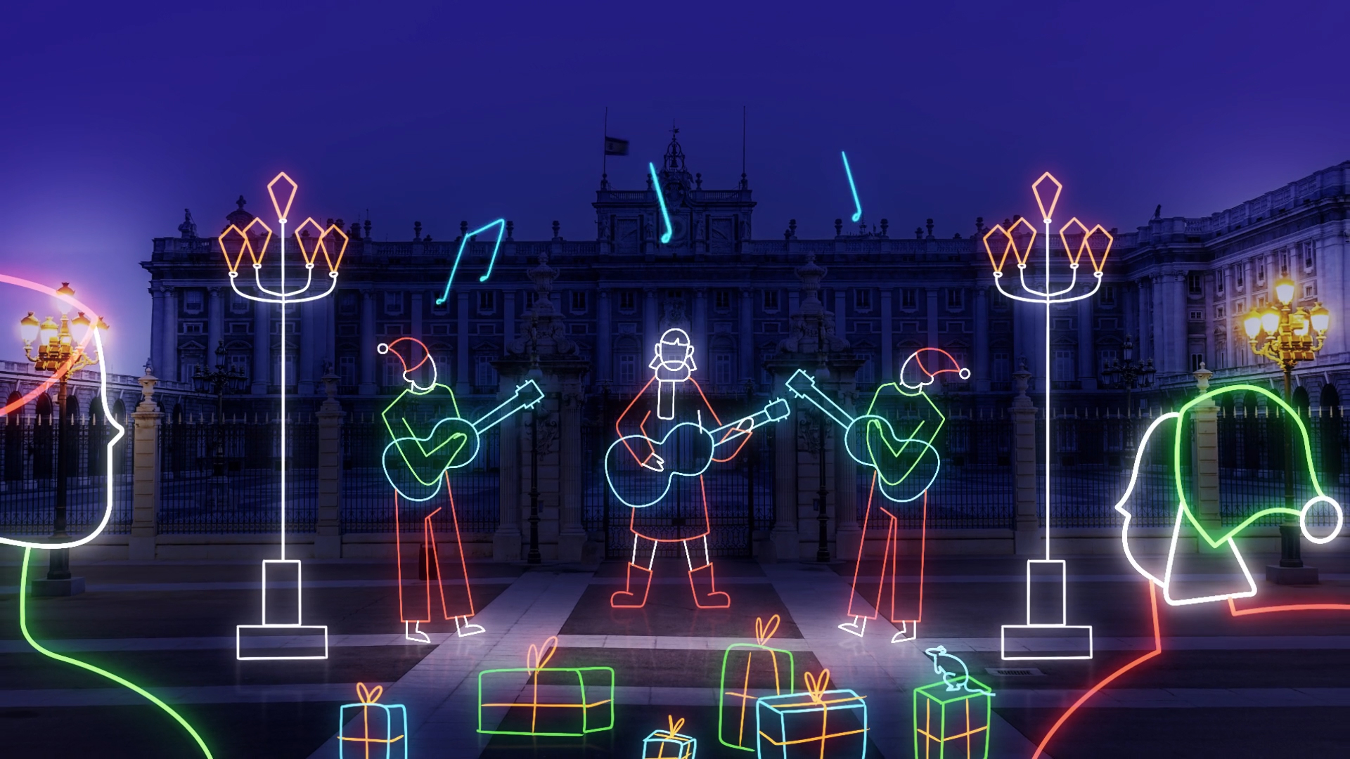 Illustration of neon band playing in front of palace