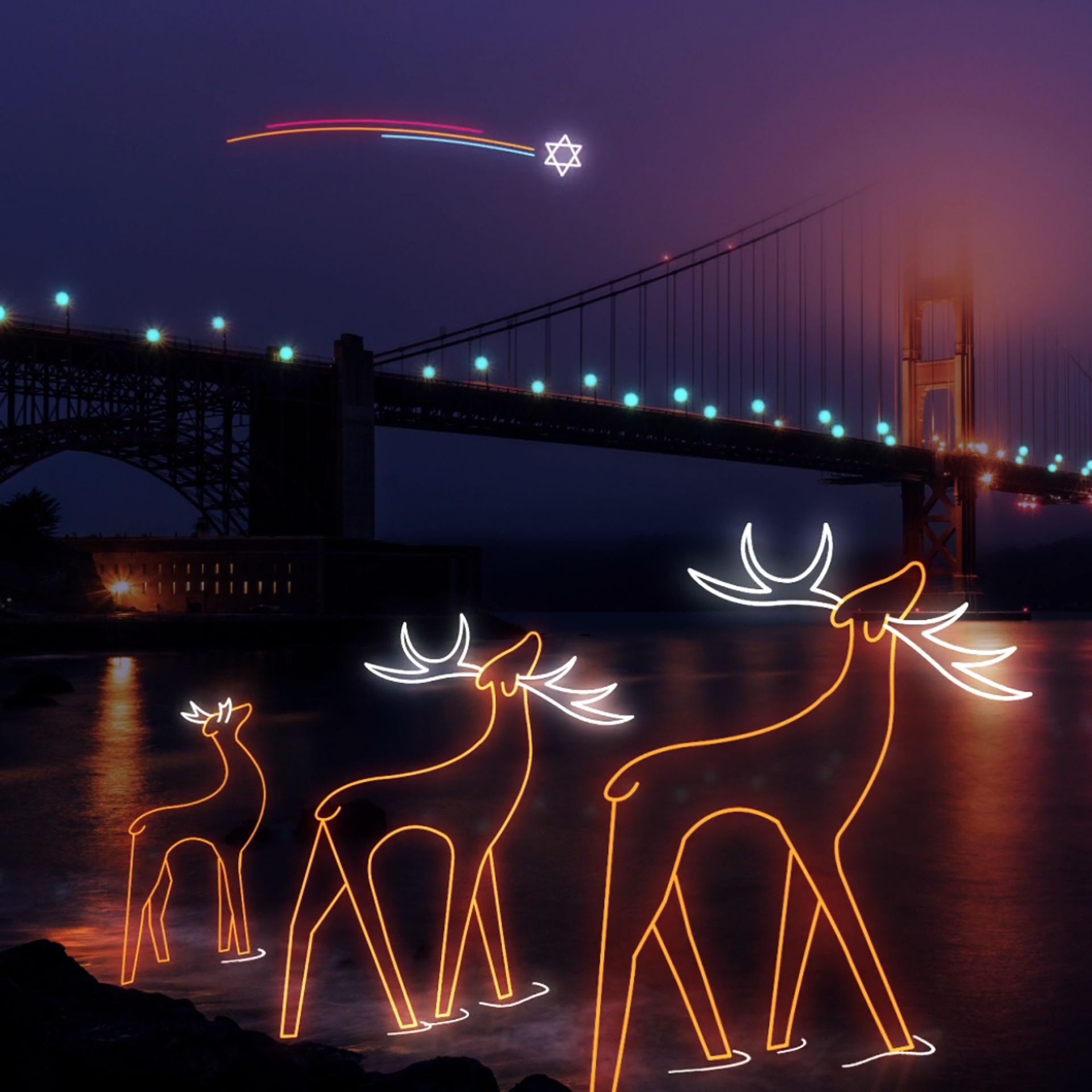 Illustration of neon reindeers on the Thames