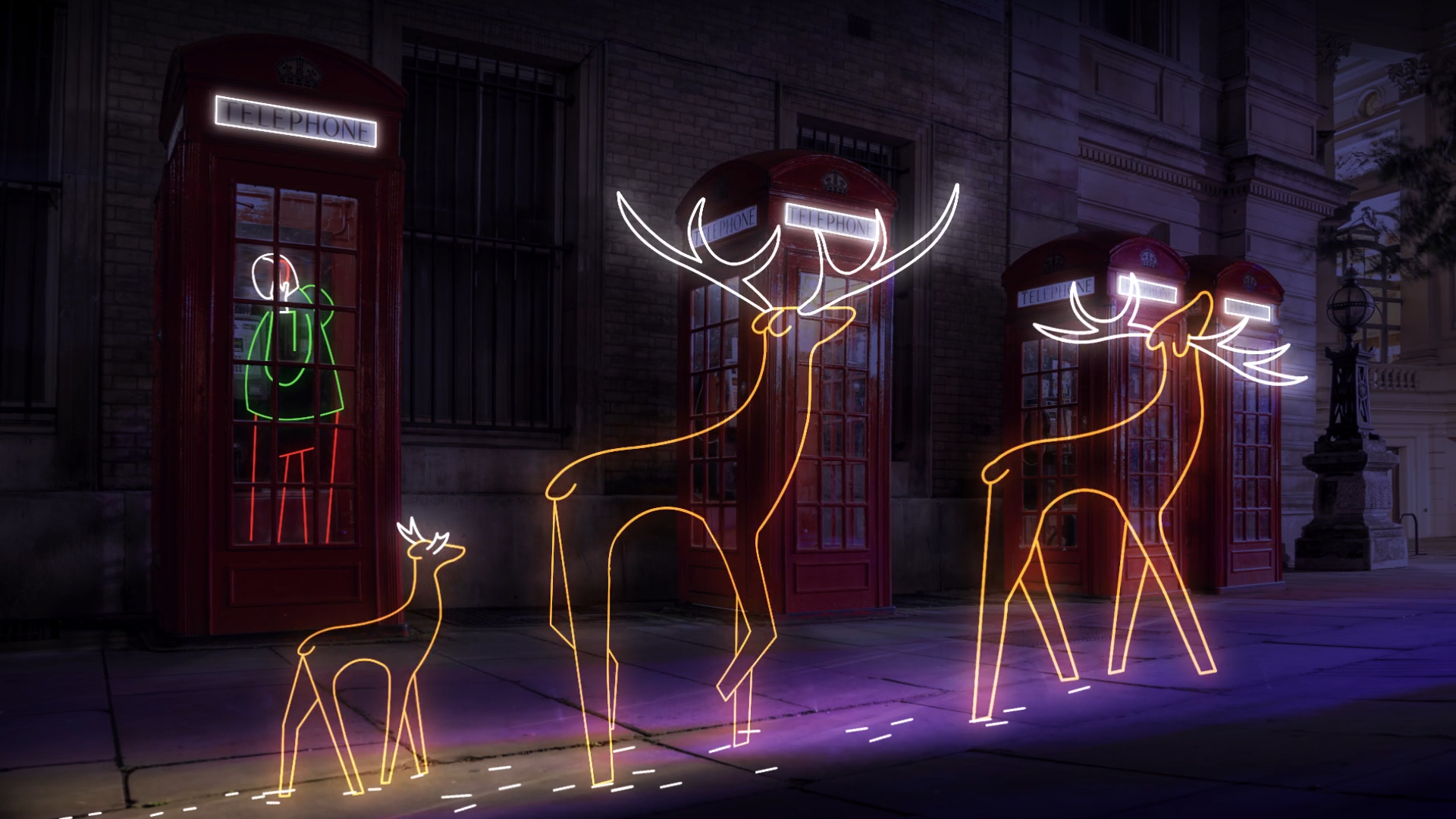 Illusration of neon reindeers in london street