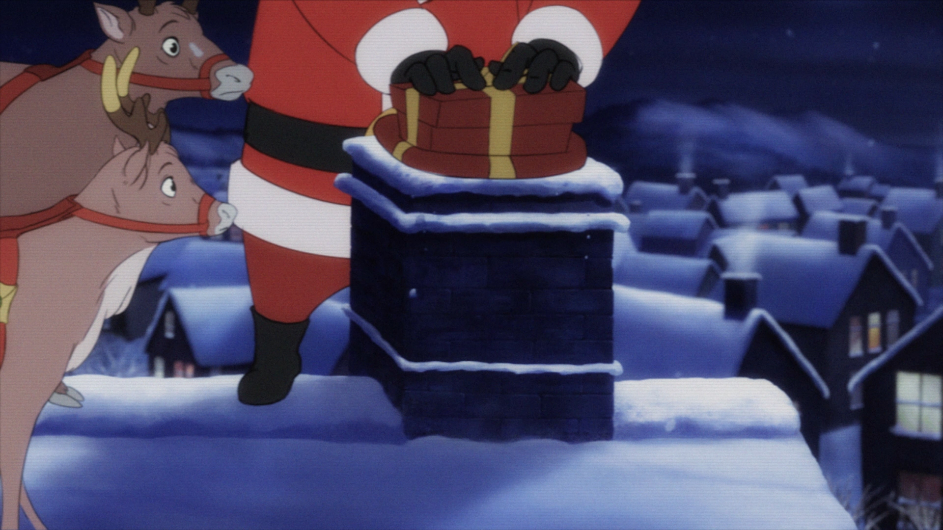 Illustration of Santa pushing present down chimney